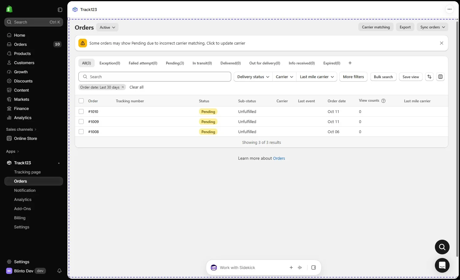 Track123 Orders page with a warning that some orders may show Pending due to incorrect carrier matching, status tabs, filters and three unfulfilled orders marked Pending