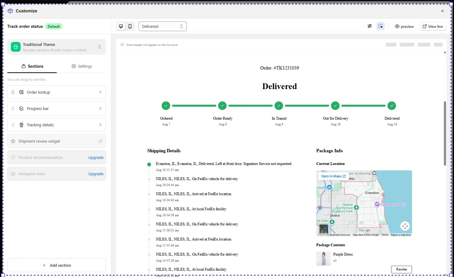 Track123 tracking page editor with draggable sections for order lookup, progress bar and tracking details, locked product recommendation and Instagram feed sections, and a Delivered status preview with a map and package contents