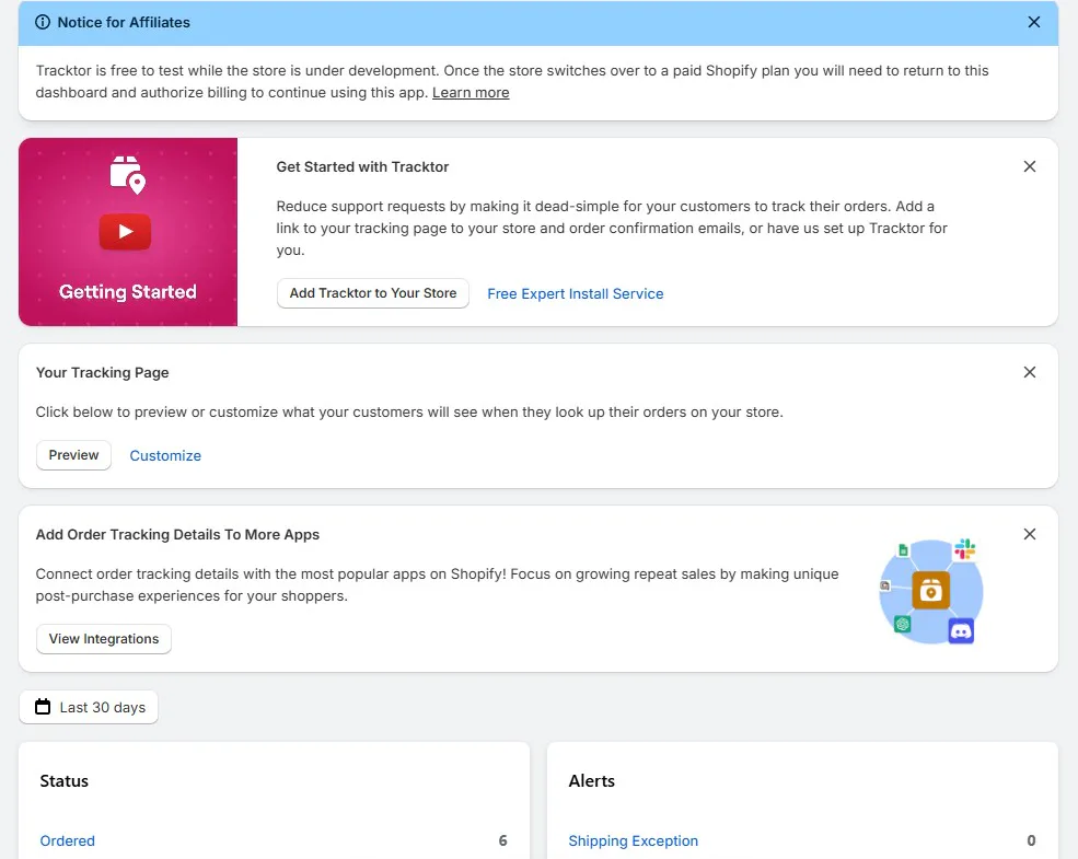Tracktor home screen with a development store billing notice, a Get Started card with a Free Expert Install Service link, tracking page Preview and Customize buttons, an integrations card, and Status and Alerts panels for the last 30 days