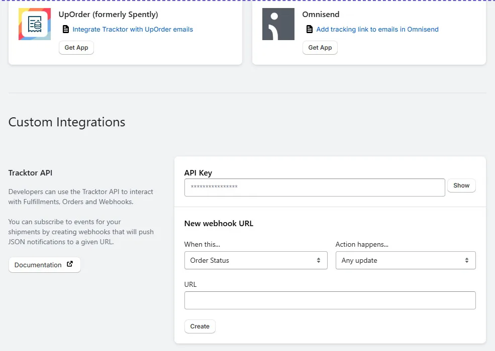 Tracktor Integrations page with UpOrder and Omnisend app cards above a Custom Integrations section showing the Tracktor API key and a New webhook URL form for Order Status updates