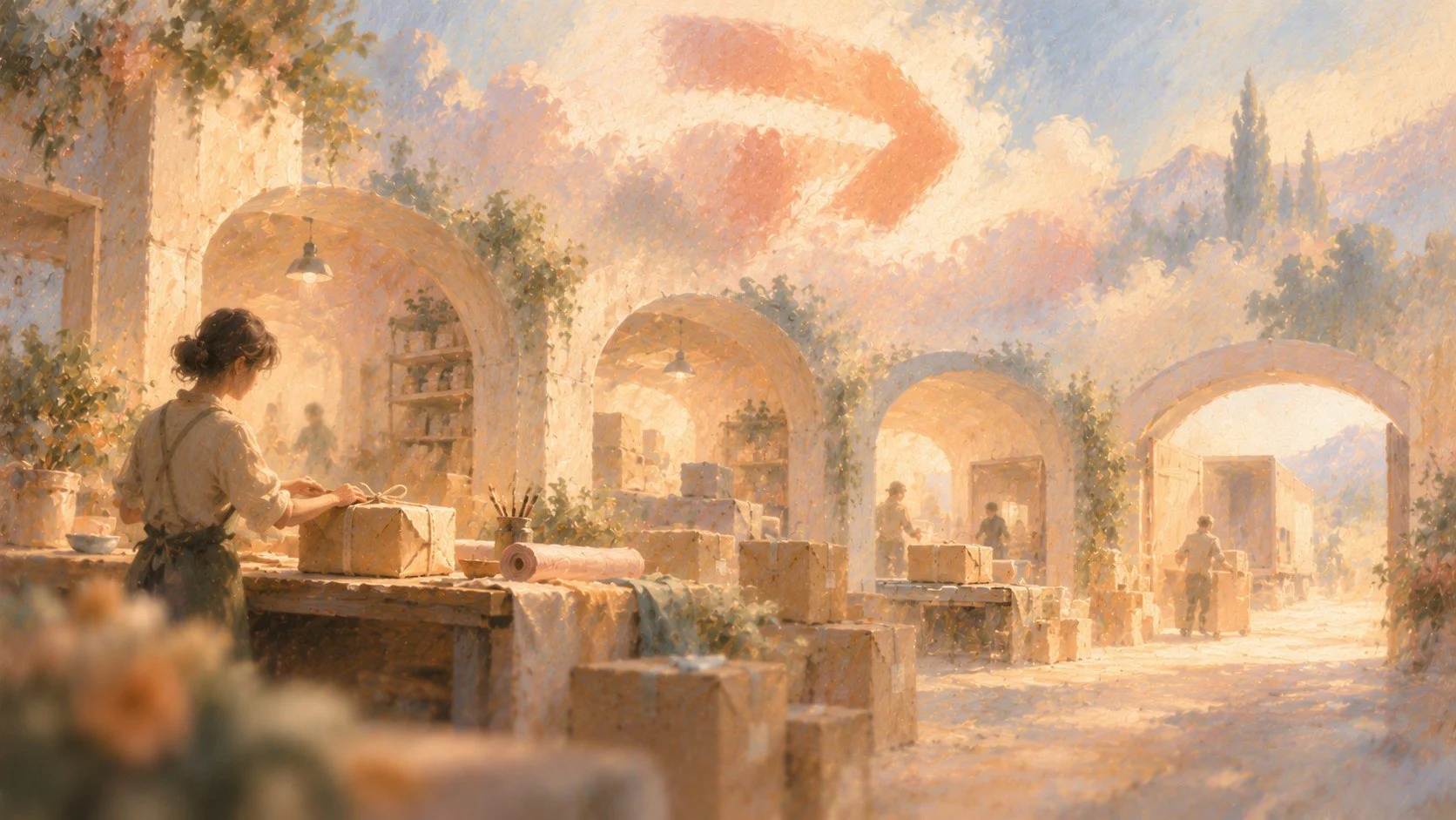 A hazy painterly parcel workshop under stone archways, where a woman ties string around a wrapped box at a long table while workers carry packages toward a waiting truck, beneath a soft arrow-shaped cloud in a warm peach sky