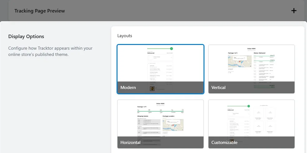 Tracktor Display Options with four tracking page layouts: Modern, Vertical, Horizontal and Customizable, with Modern selected