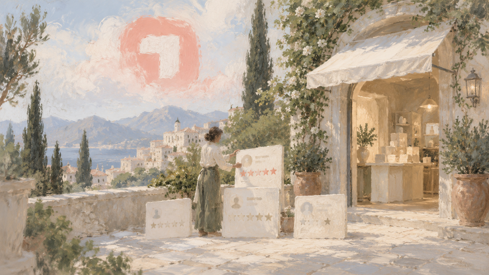 A painted merchant on a sunlit Mediterranean terrace arranging pale star-rated review tablets outside a small shop, beneath a soft coral cloud emblem