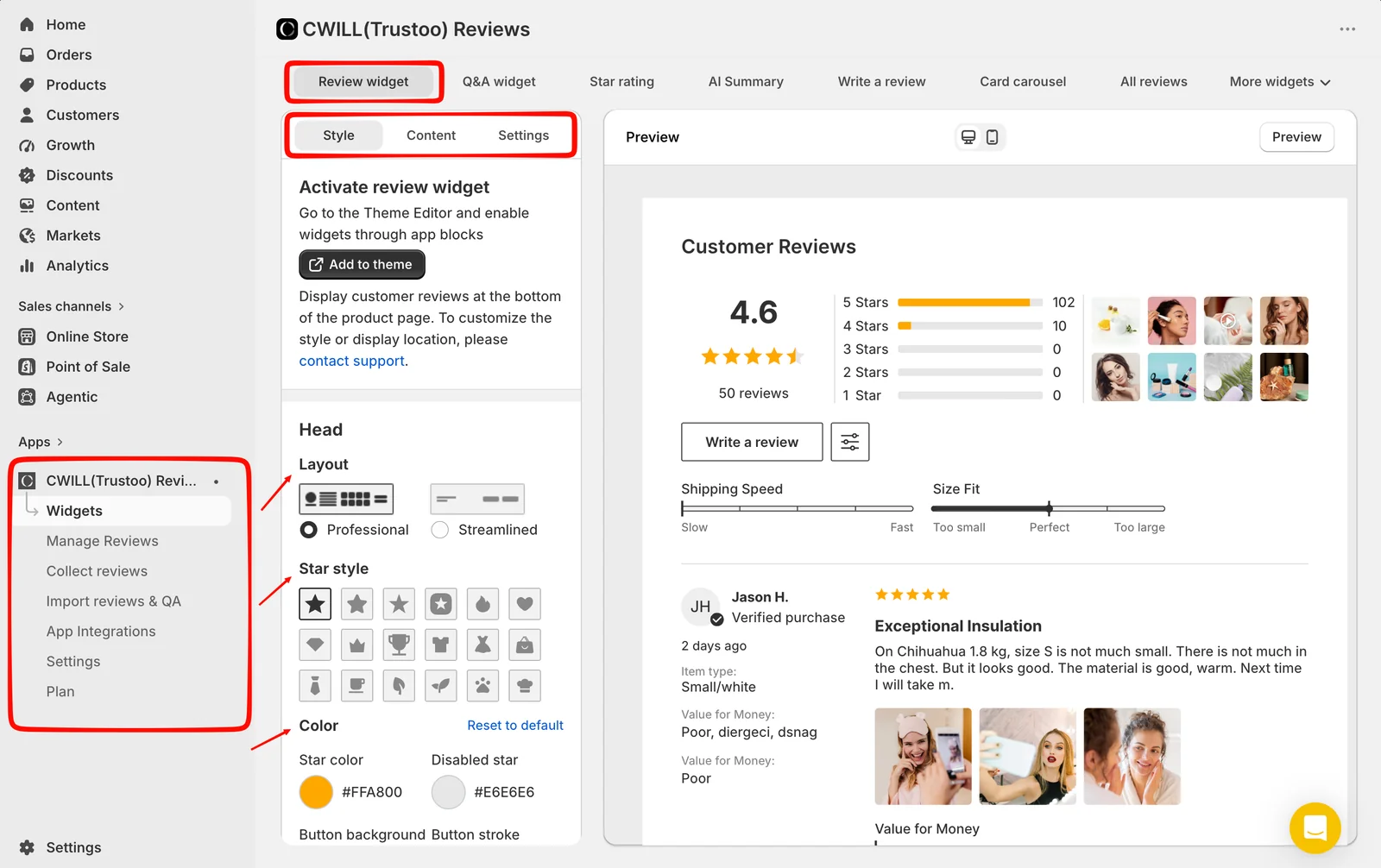 CWILL (Trustoo) Reviews widget editor with the Review widget tab open, showing Professional and Streamlined layouts, a grid of star icon styles and colour settings beside a live preview, with the app menu of Widgets, Manage Reviews, Collect reviews, Import reviews and QA, App Integrations, Settings and Plan