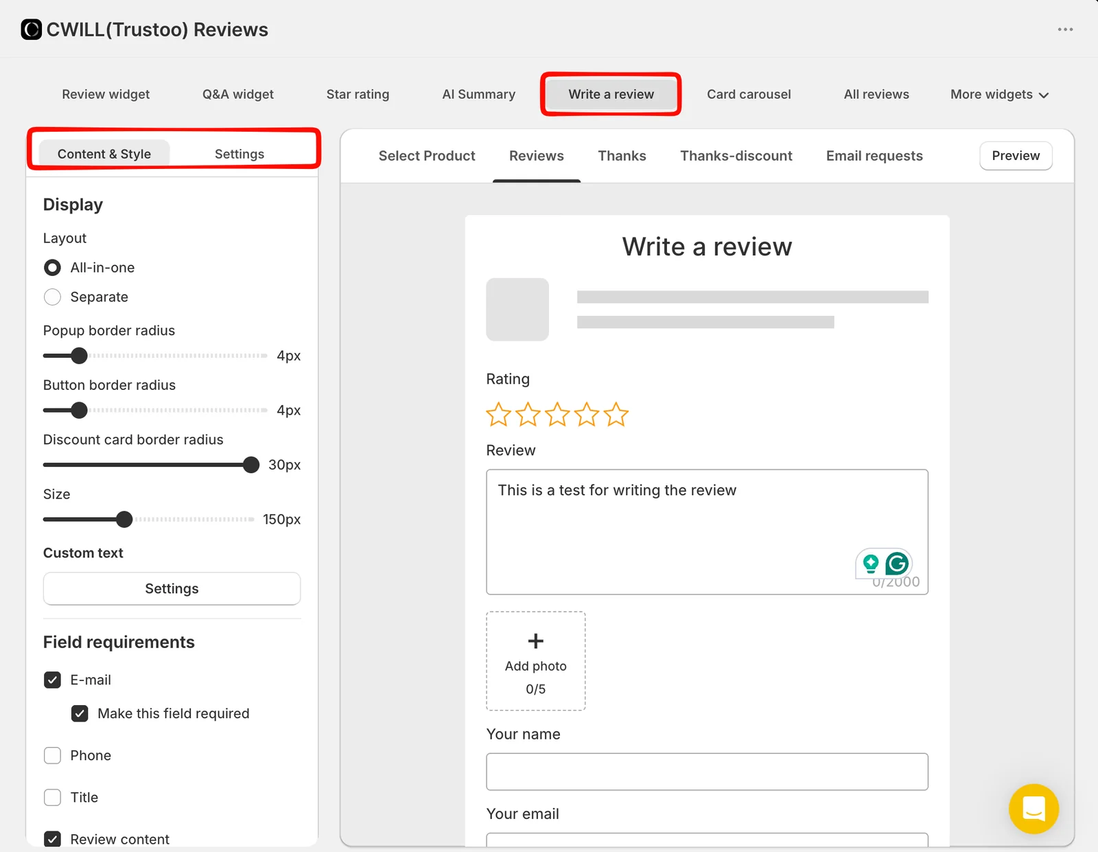 The Write a review editor with an All-in-one layout, border radius and size sliders, and field settings where email is required and phone and title are optional, beside a preview form with star rating, review text limited to 2,000 characters and up to five photos