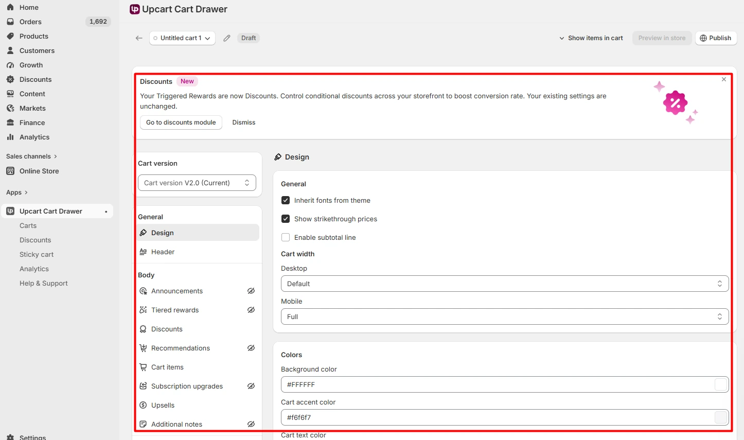 UpCart cart template selection screen