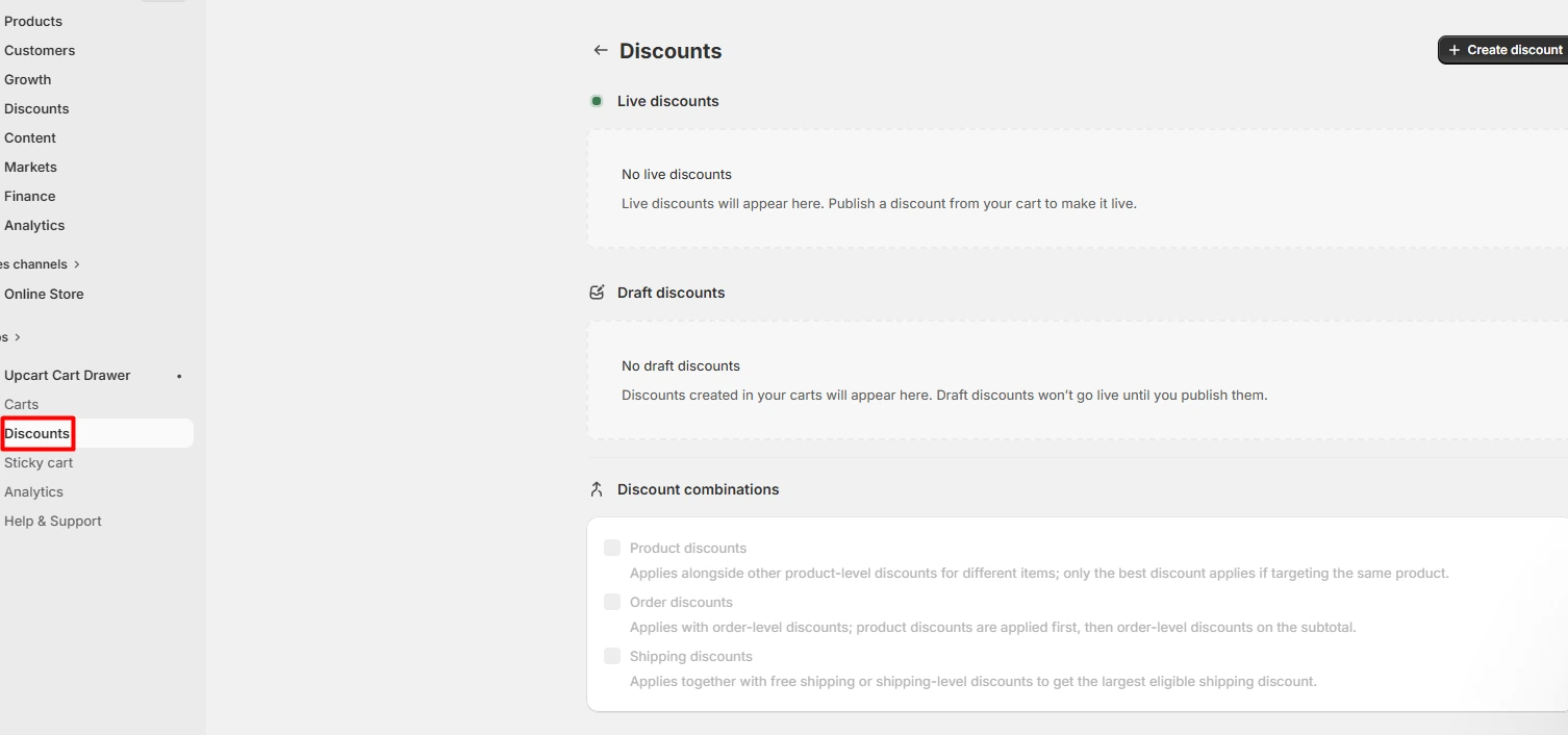 UpCart interface for creating a cart discount