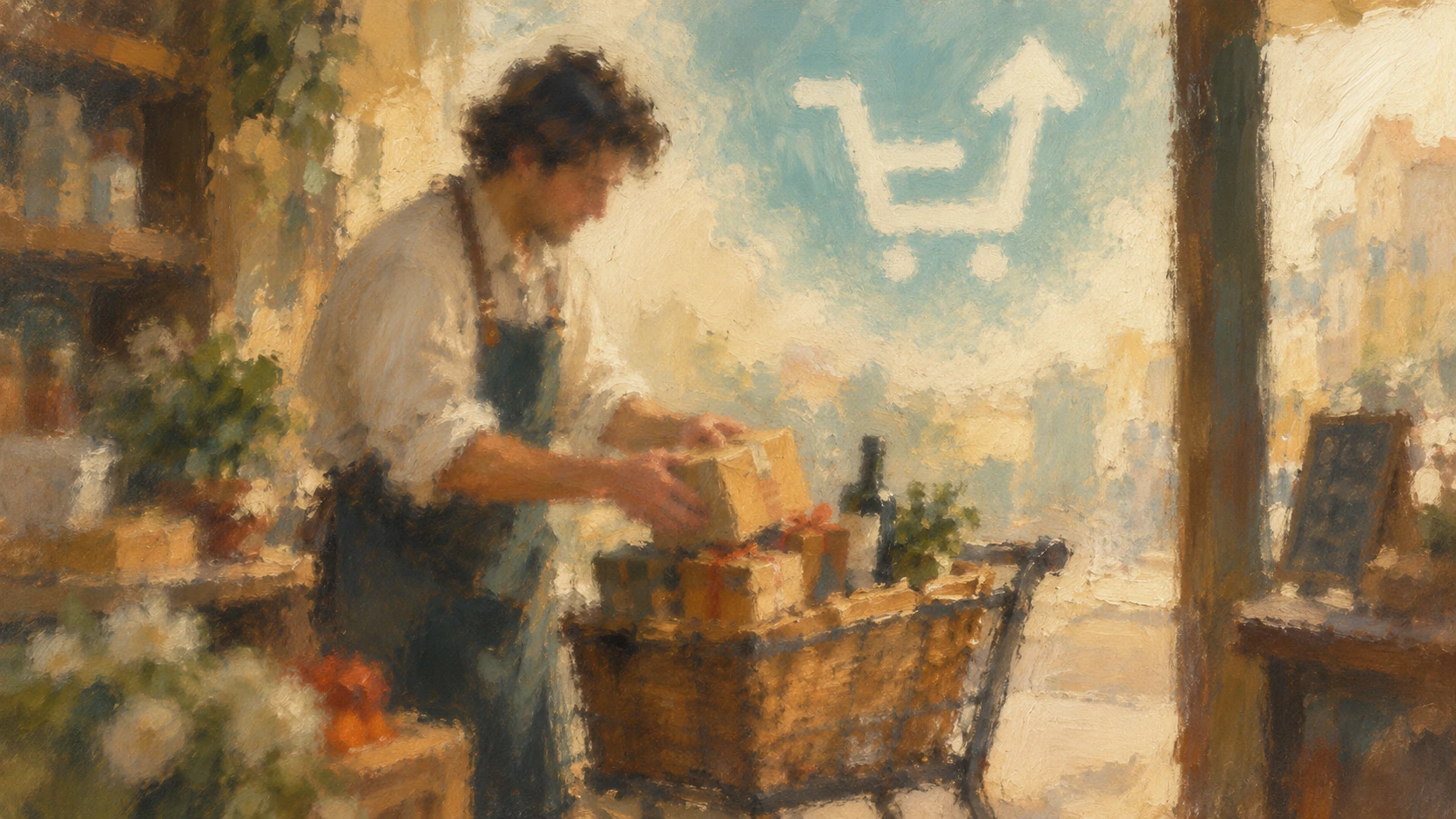 A blurred vintage oil painting of a shopkeeper arranging products in a shopping cart beneath a soft pastel cart-shaped sky emblem.
