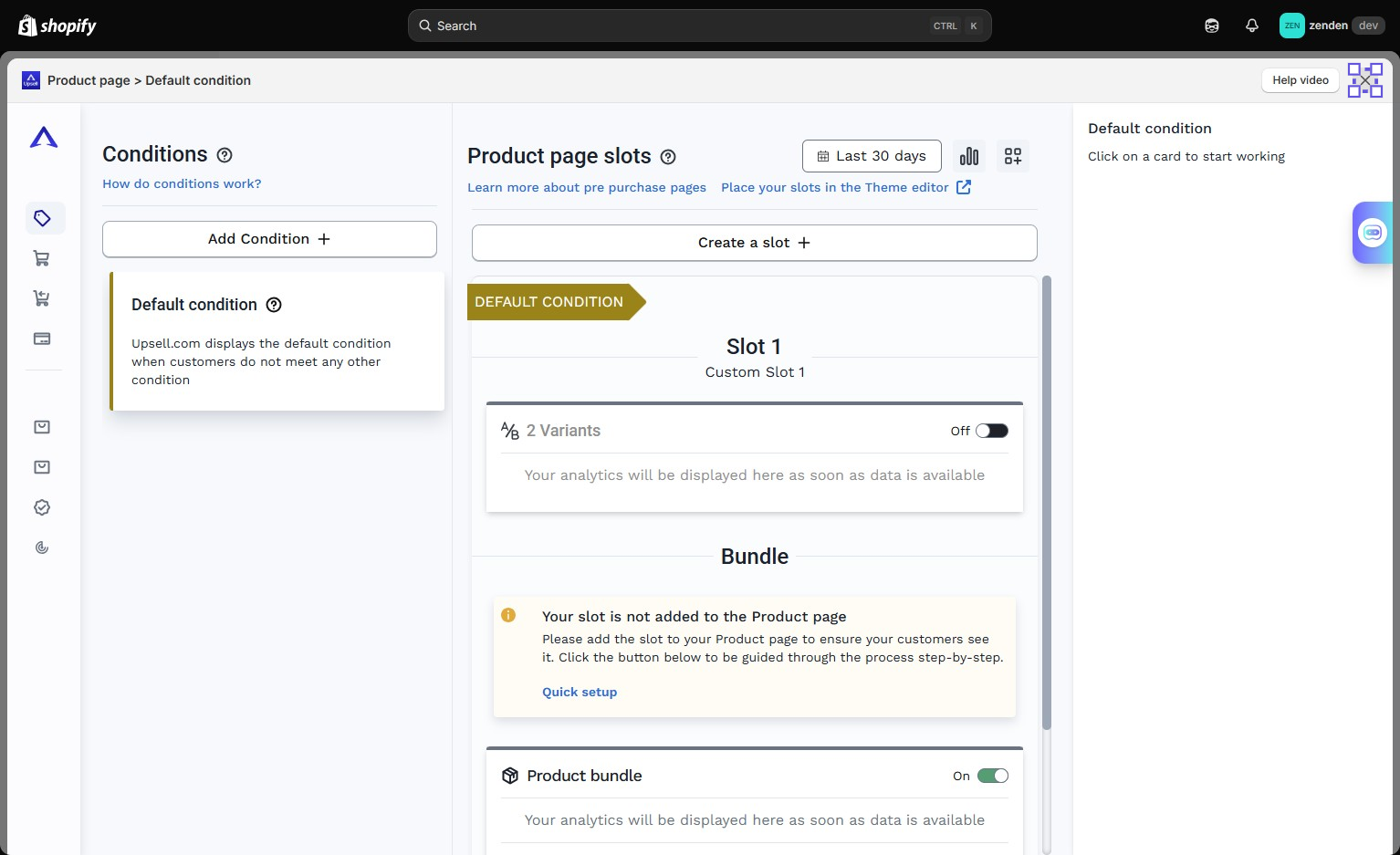 Upsell.com product-page conditions and slots showing a default condition, product-page slot, and bundle option