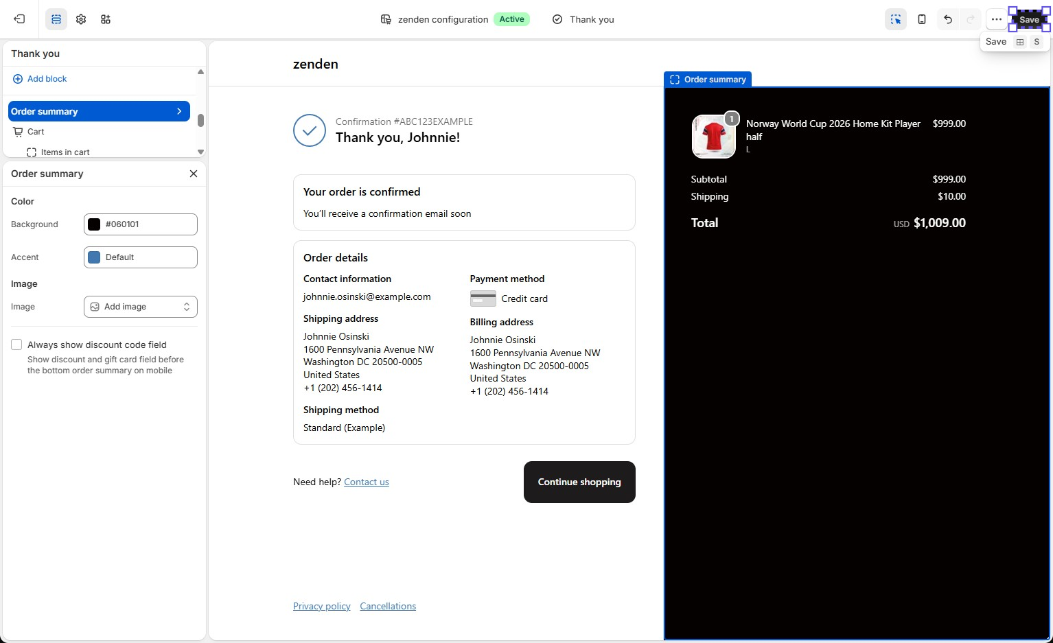 Shopify thank-you page editor with a customized Upsell.com post-purchase area