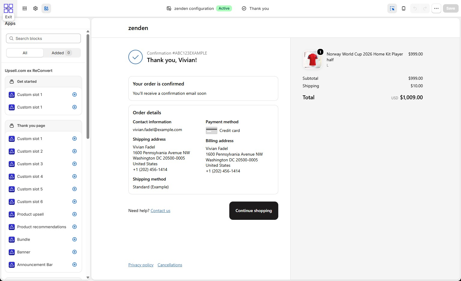 Shopify thank-you page editor showing Upsell.com blocks including custom slots, product upsells, recommendations, bundles, and banners