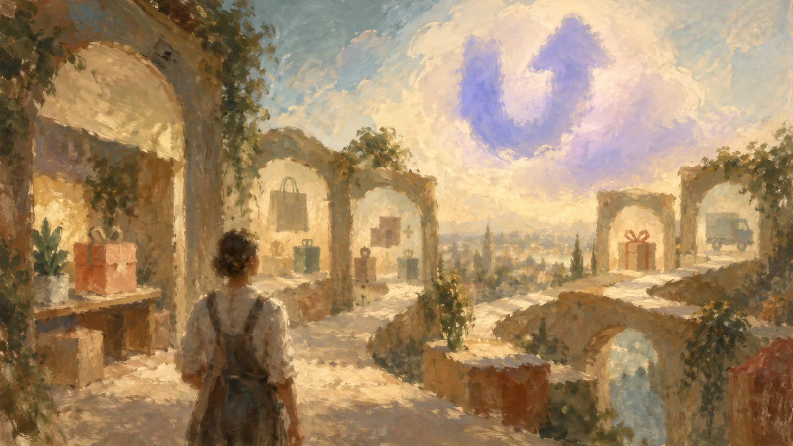 A soft vintage oil painting of a merchant moving through a sunlit marketplace of offers and parcels toward a blurred pastel Upsell-inspired emblem in the sky