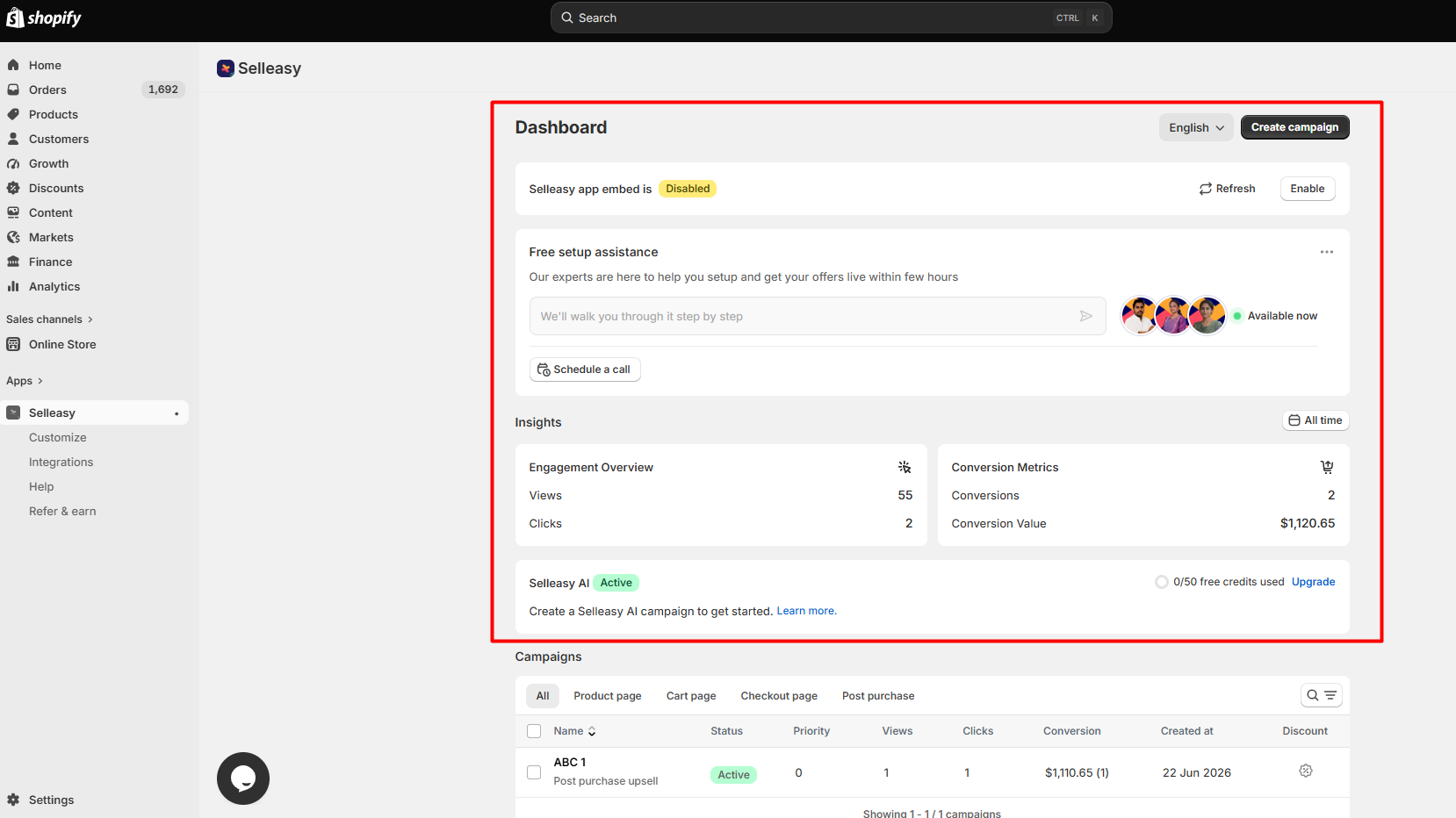 Selleasy dashboard and campaign overview