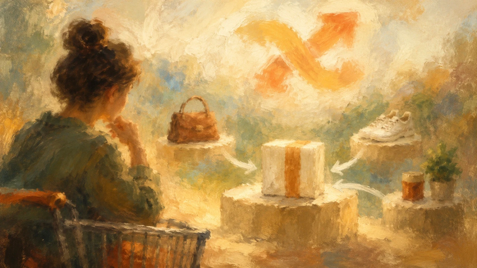 A soft vintage oil painting of a shopper considering several complementary products converging around a central purchase beneath a blurred pastel upsell emblem