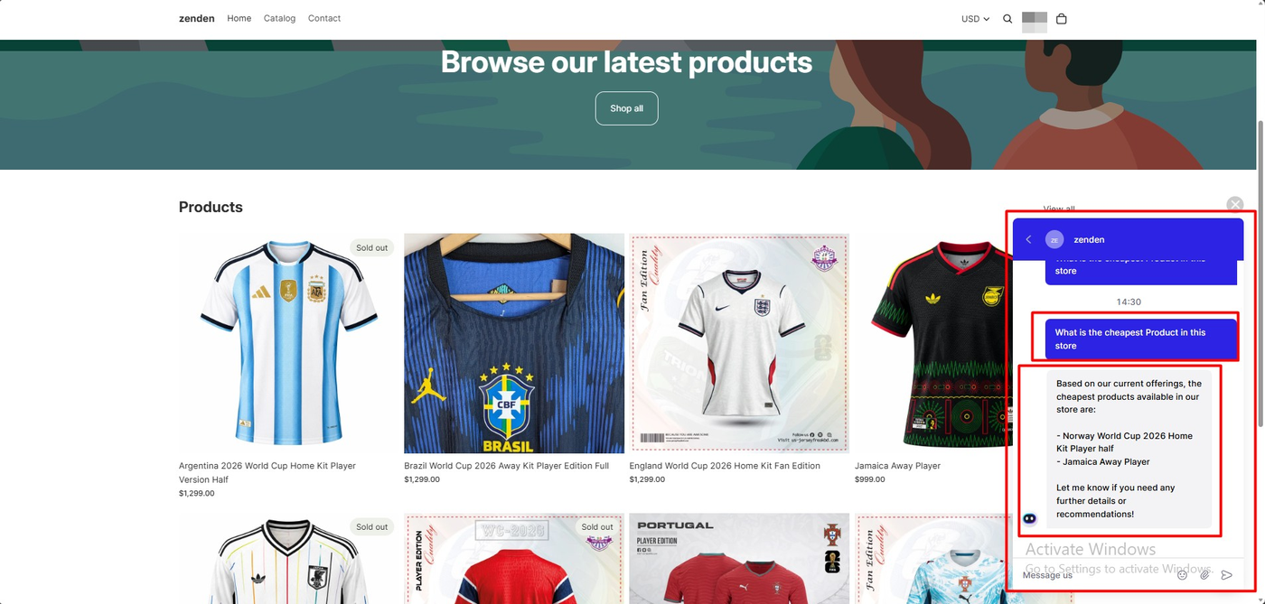 Willdesk storefront chat answering the cheapest product question by naming two products without prices, beside a product grid showing items at 1,299 and 999 dollars