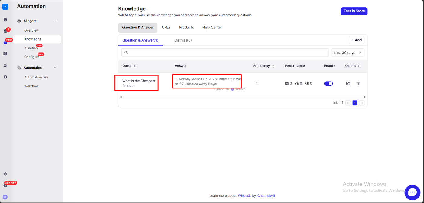 Willdesk AI agent knowledge screen showing a single question and answer entry for the cheapest product, listing two product names