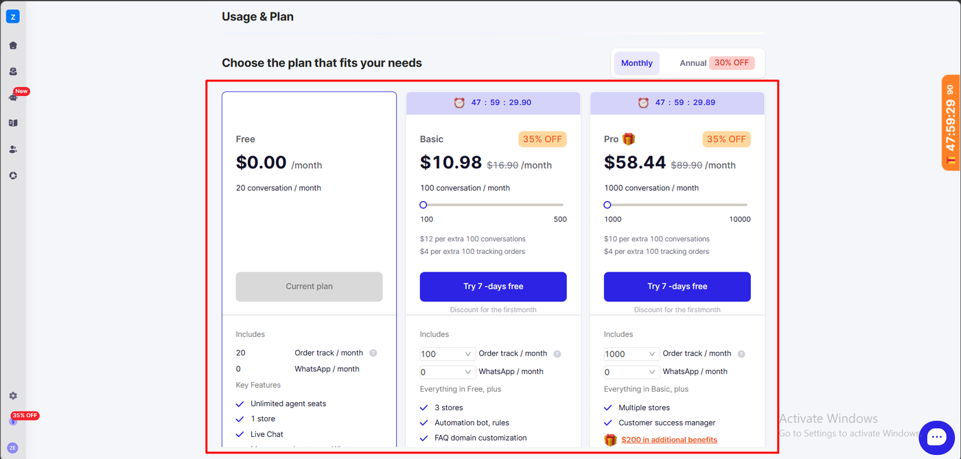 Willdesk in-app usage and plan screen showing a free plan with 20 conversations, a Basic plan discounted from 16.90 to 10.98 and a Pro plan discounted from 89.90 to 58.44, both under a 48-hour countdown timer