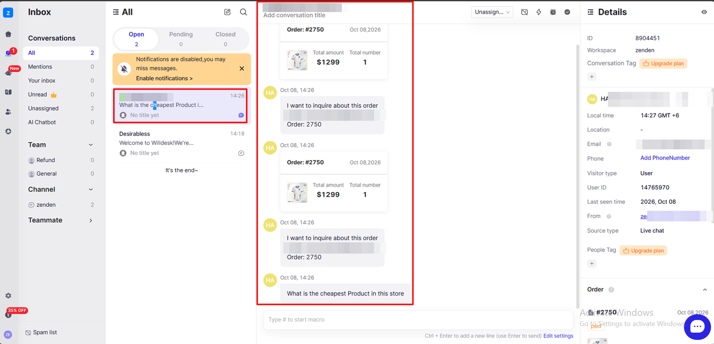 Willdesk inbox showing a customer conversation with an inline order card for order 2750 at 1,299 dollars, alongside a details panel with upgrade plan badges on conversation and people tags