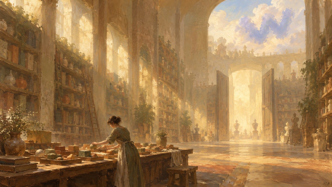 A soft, hazy oil painting of a woman in a green dress sorting small blocks into trays at a long wooden table in a vast sunlit hall of tall shelves, with a pair of tall open doors at the back leading to a brighter hall and a lavender cloud shaped like a rounded 'w' in the sky beyond a high arch.