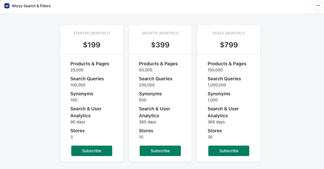Wizzy billing screen with three monthly plans: Starter at $199 with 25,000 products and pages, 100,000 search queries, 100 synonyms, 90 days of analytics and 3 stores; Growth at $399 with 50,000, 200,000, 500, 365 days and 10 stores; and Scale at $799 with 150,000, 1,000,000, 1,000, 365 days and 30 stores