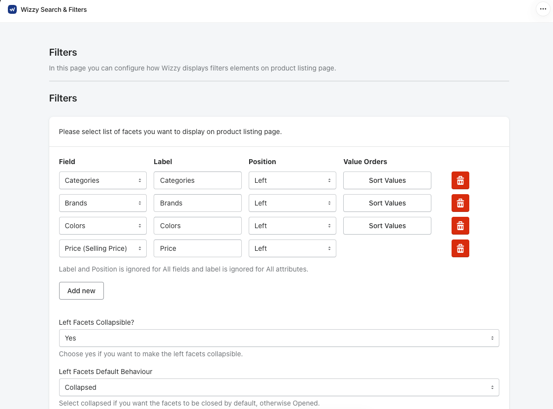 Wizzy Filters page listing four left-side facets for Categories, Brands, Colors and Price with label, position and Sort Values controls, an Add new button, and settings that make left facets collapsible and collapsed by default