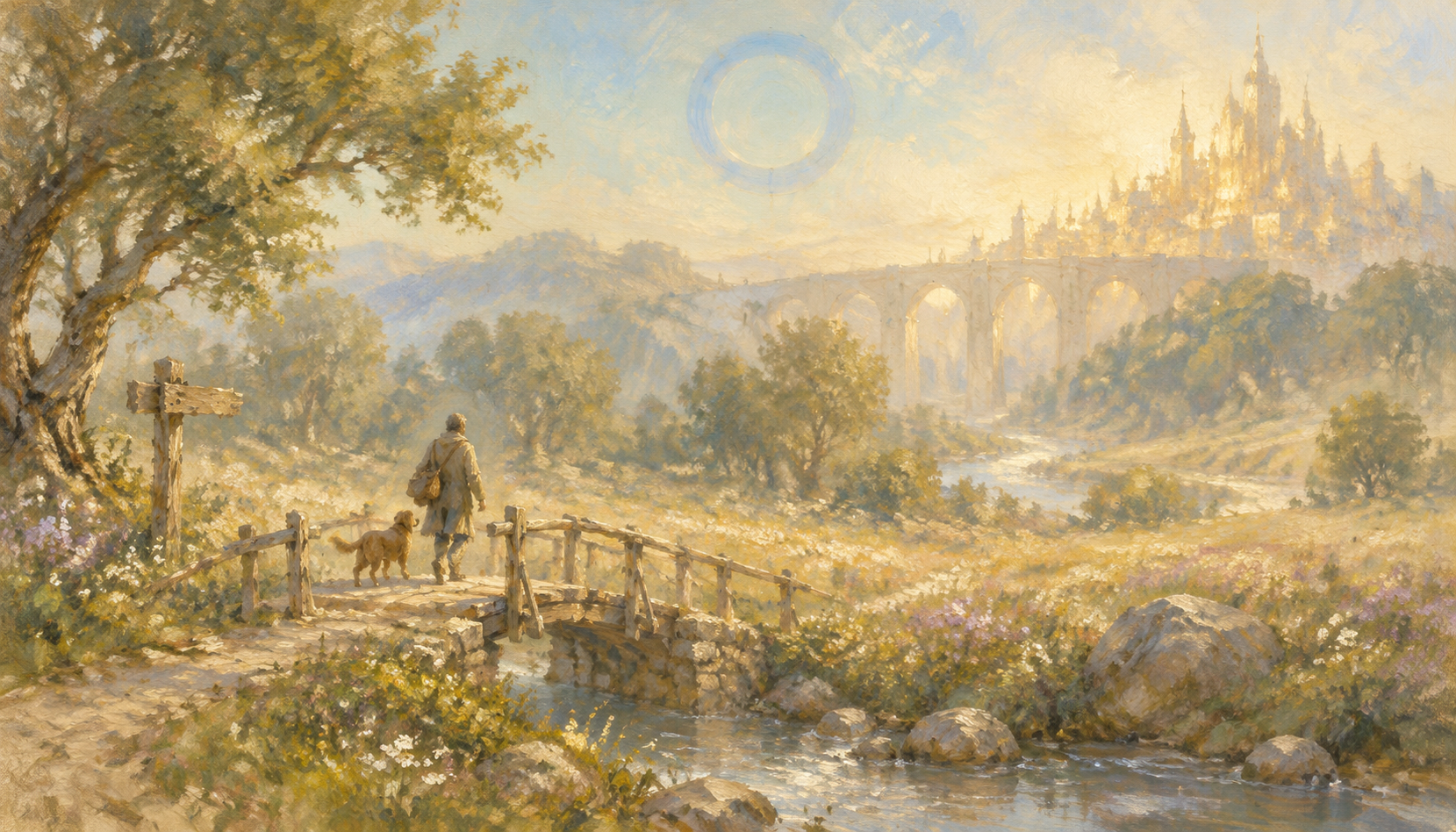A hazy painterly figure and a dog crossing a small wooden footbridge over a stream toward a sunlit meadow, with a much larger arched stone bridge fading into the distance beneath a soft blue ring-shaped sky emblem