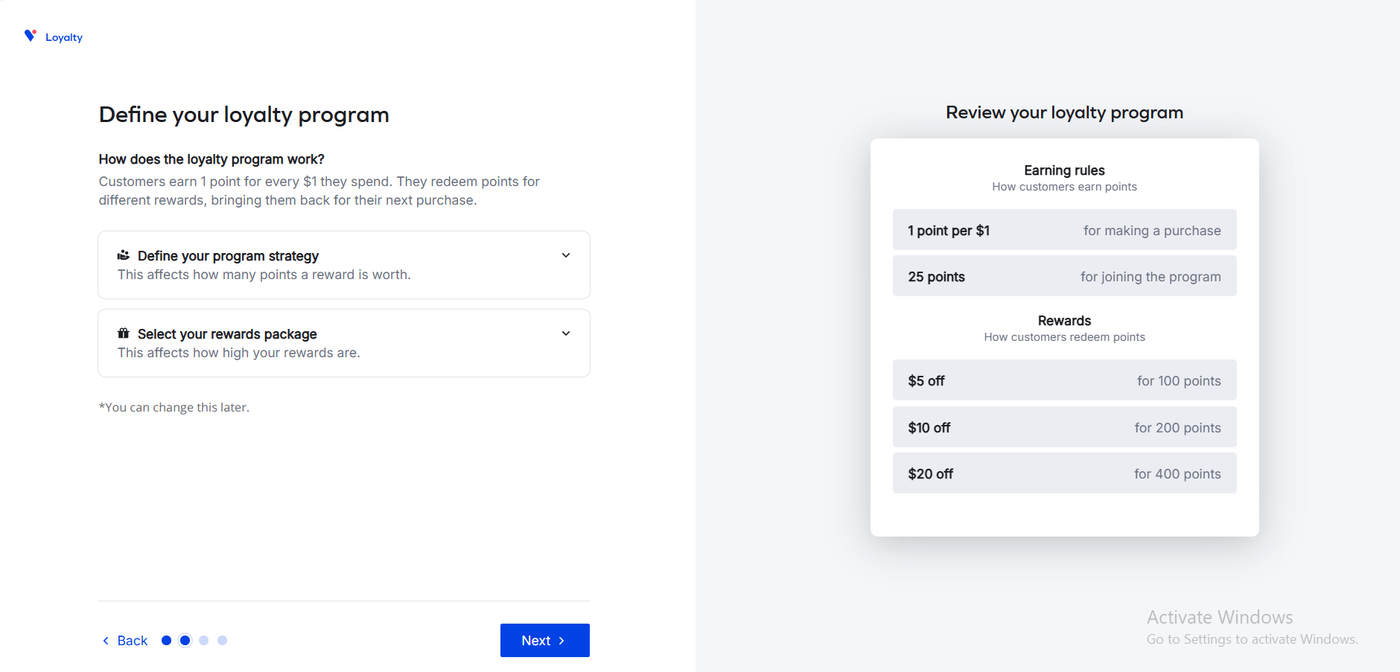 Yotpo Loyalty onboarding step two showing the program definition with earning rules of 1 point per dollar and 25 points for joining, and rewards of 5, 10, and 20 dollars off for 100, 200, and 400 points