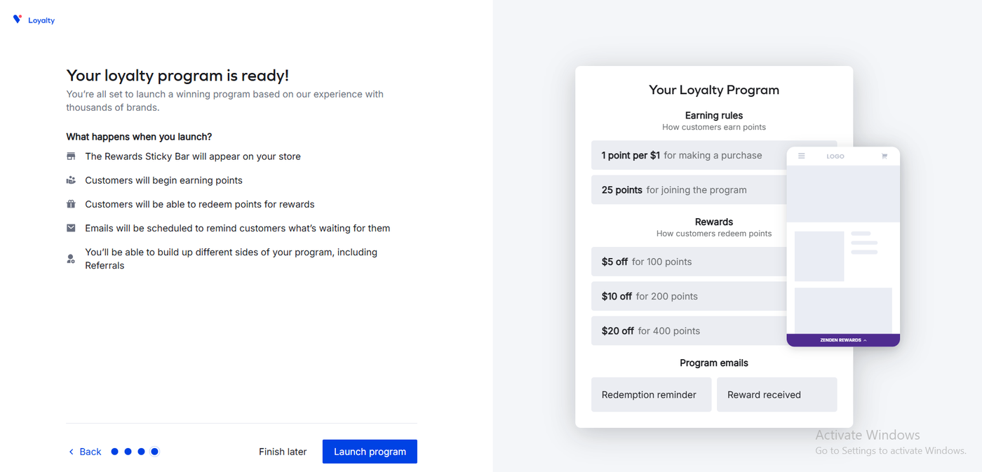Yotpo Loyalty onboarding step four summarising the launched program with earning rules, three rewards, and two program emails beside a preview of the sticky bar