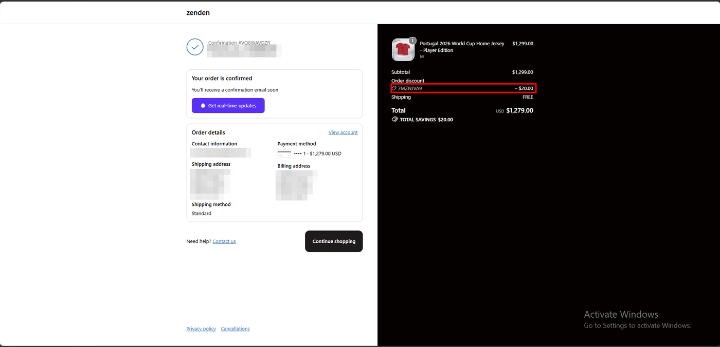 Shopify order confirmation showing a Yotpo Loyalty discount code applied as a 20 dollar order discount, a total of 1,279 dollars, and total savings of 20 dollars
