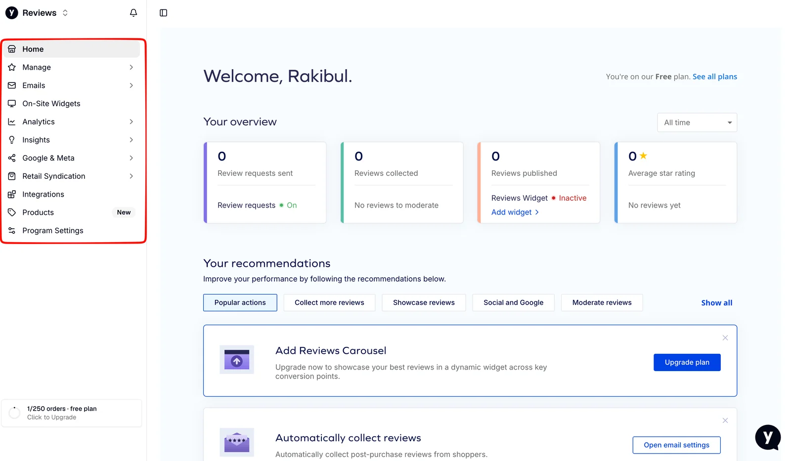 Yotpo Reviews dashboard on the Free plan showing zero requests, zero reviews, the Reviews Widget marked Inactive, a Reviews Carousel recommendation that requires an upgrade, and a 1 of 250 orders counter