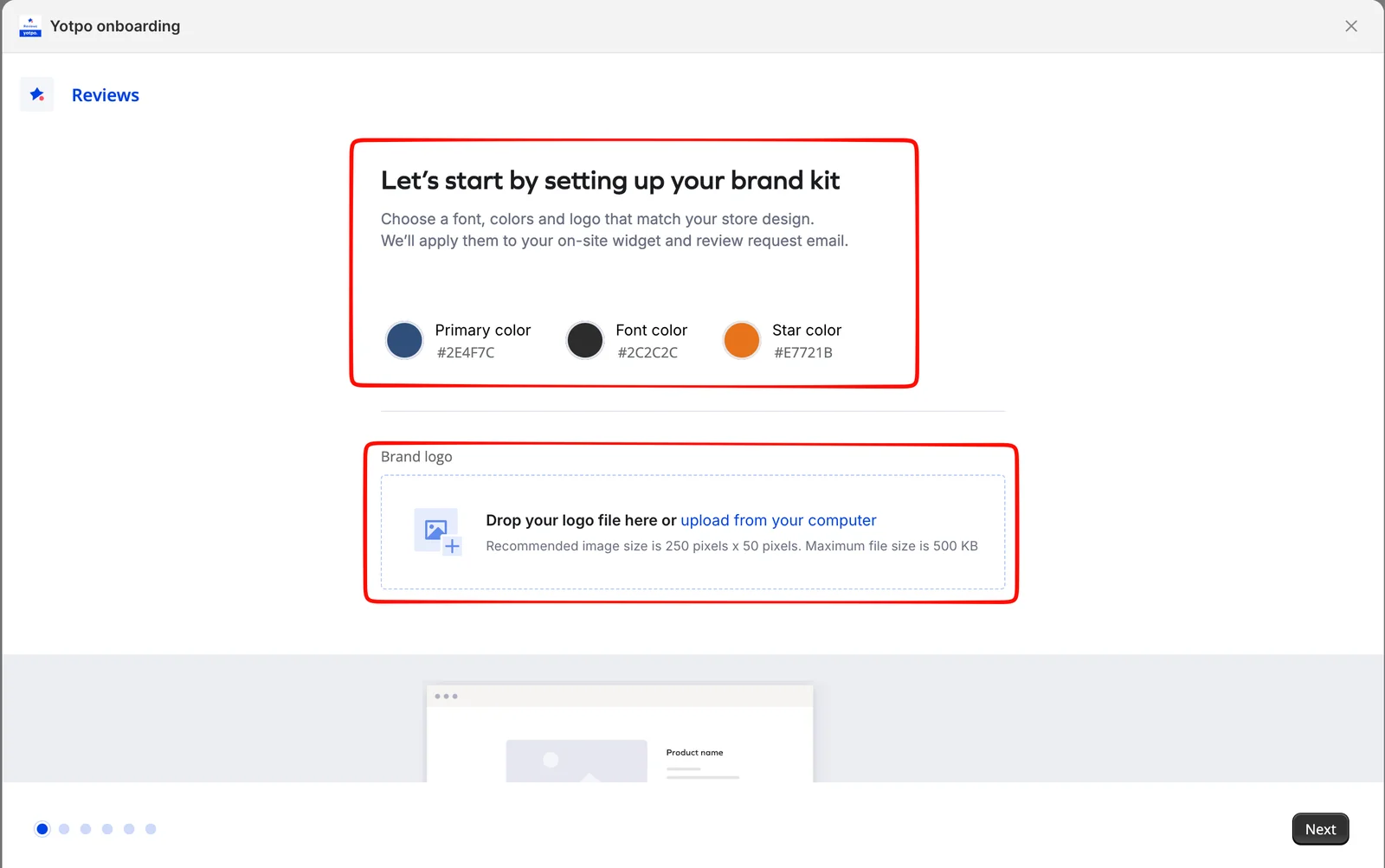 Yotpo onboarding brand kit step with primary, font, and star colour pickers, a logo upload area recommending 250 by 50 pixels, and a product-page preview below