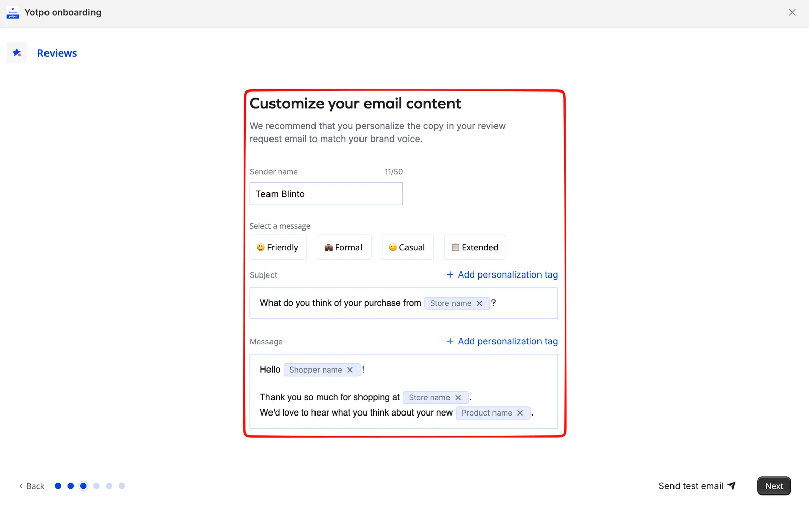 Yotpo onboarding step for customising the review-request email with a sender name field, Friendly, Formal, Casual, and Extended message presets, and subject and message editors using personalisation tags