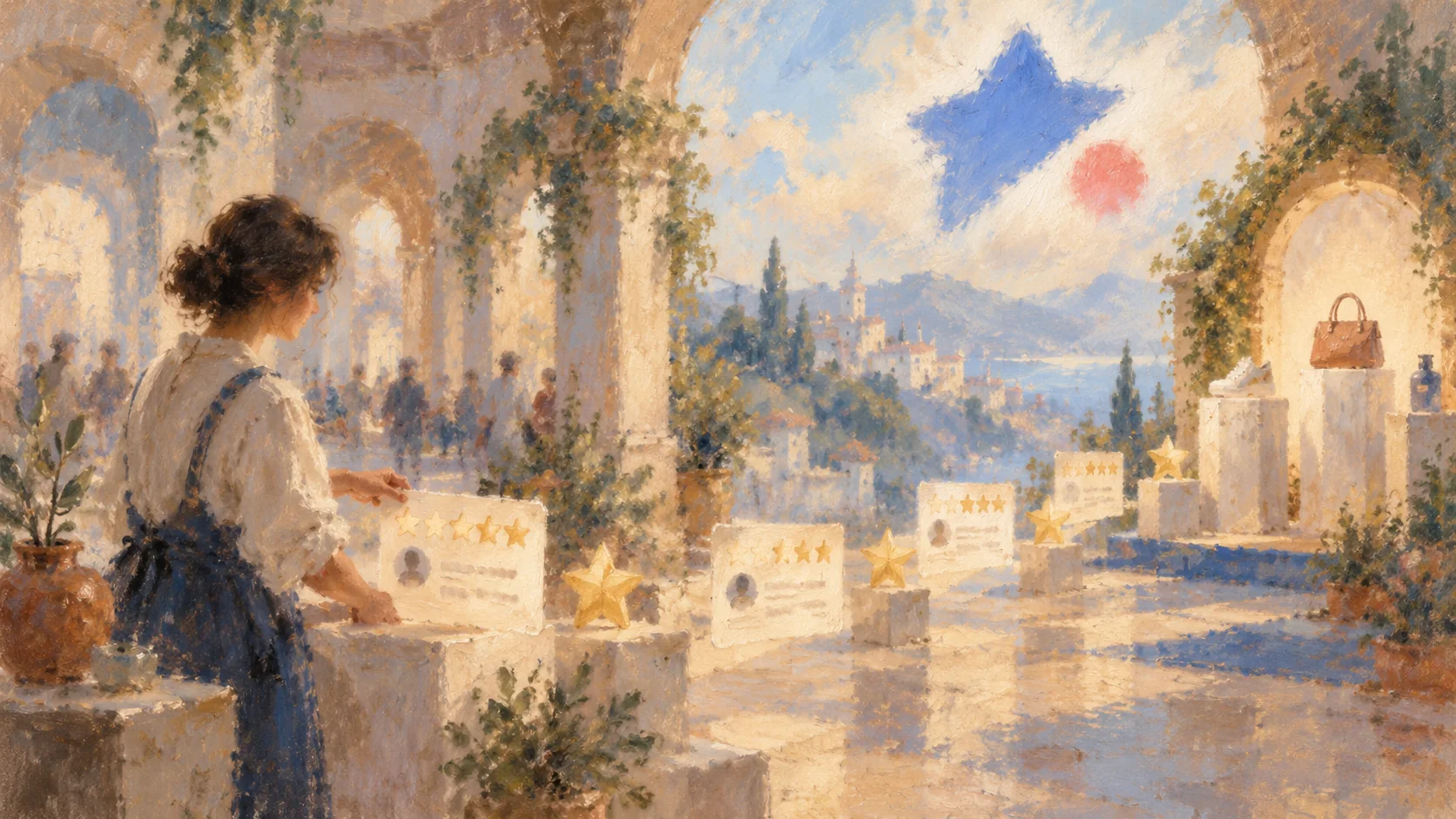 A painted merchant setting out star-rated review cards along a sunlit stone terrace, with product pedestals nearby and a soft blue star and red dot formation in the sky above.