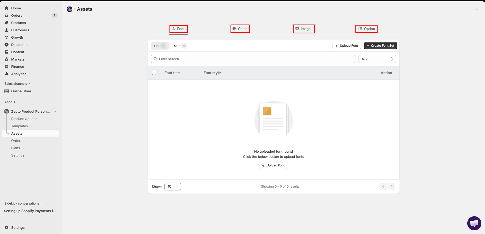Zepto Product Personalizer Assets page with Font, Color, Image, and Option tabs, and Upload Font and Create Font Set buttons on an empty font list