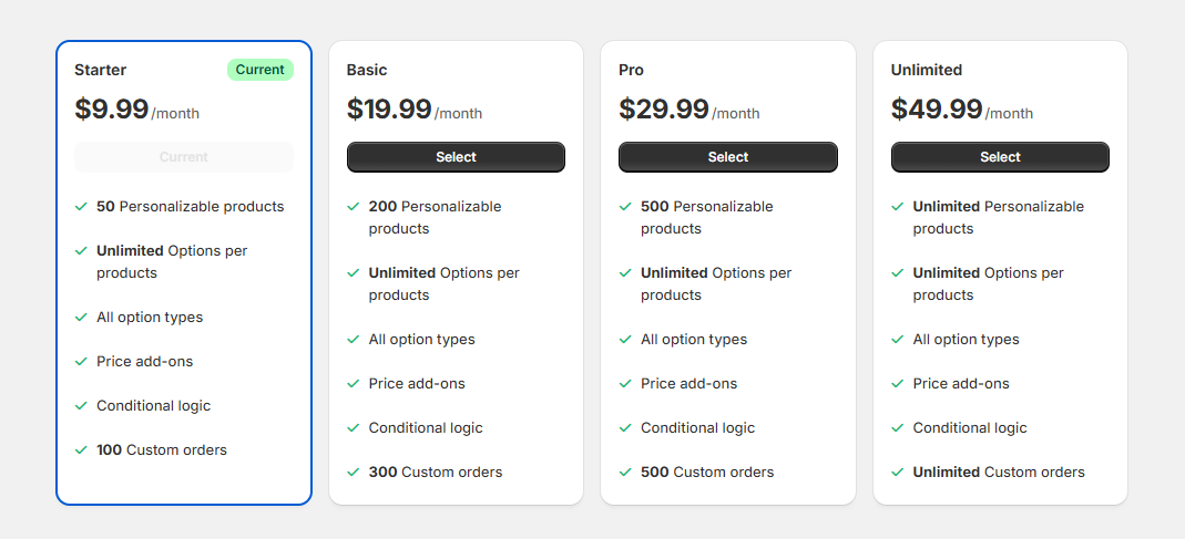 Zepto Product Personalizer plans: Starter $9.99, Basic $19.99, Pro $29.99, and Unlimited $49.99 per month