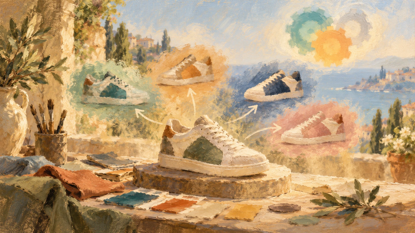 An impressionist painting of a white sneaker on a stone pedestal, with arrows pointing to four color variations in green, orange, navy, and pink above a Mediterranean coastline, fabric swatches on the table, and gears in the sky.