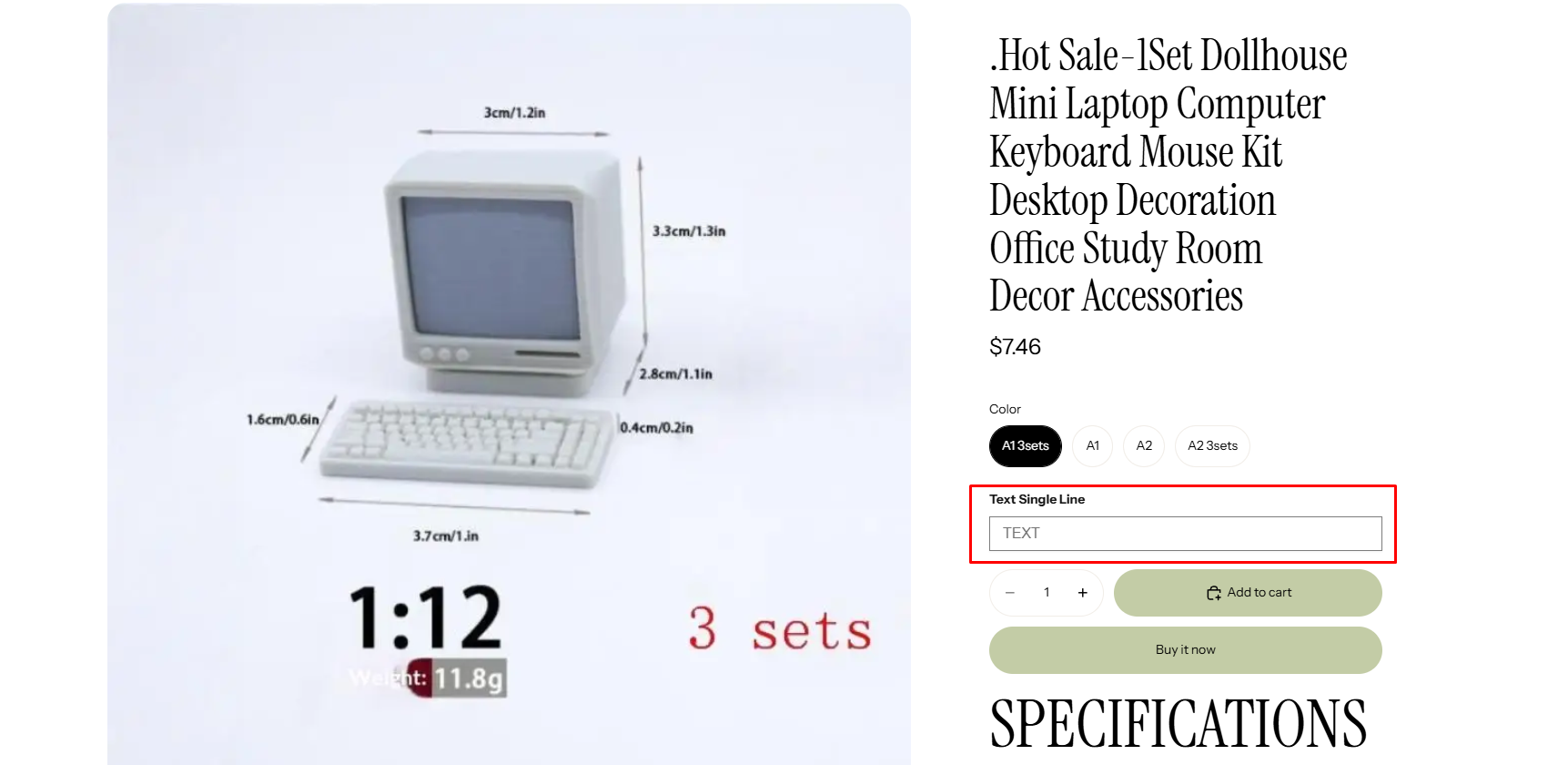 A product page with color variant buttons and a Text Single Line personalization field placed above the quantity selector and Add to cart button