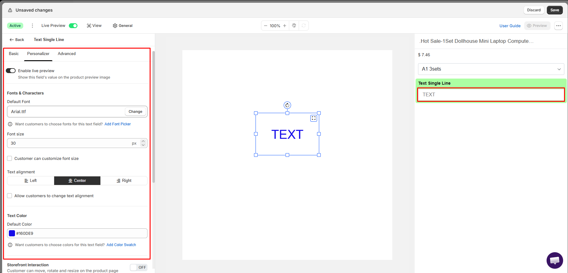 Zepto Product Personalizer text field editor with the Personalizer tab open, showing default font, font size, text alignment, and text color settings next to a live preview canvas