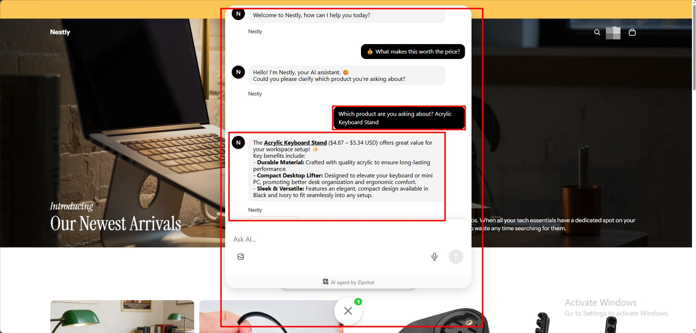 Zipchat storefront conversation in which the agent asks which product the shopper means before answering, then describes the Acrylic Keyboard Stand with its price range and key benefits