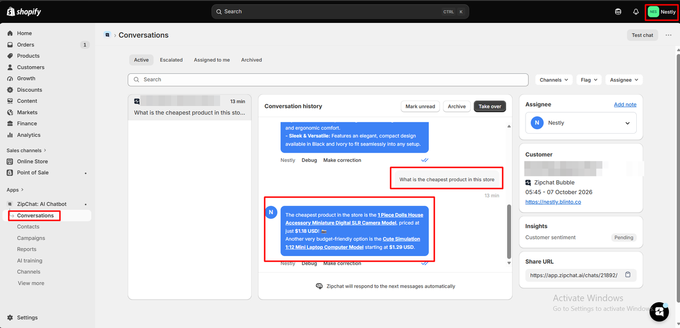 Zipchat Conversations admin showing the full chat history with debug and make correction controls under each AI message, a take over button, the customer record and a share URL