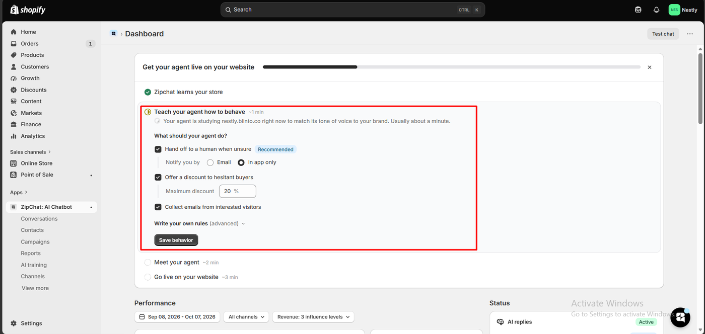 Zipchat onboarding showing the agent behaviour settings with hand off to a human when unsure, offer a discount to hesitant buyers at a maximum of 20 percent, and collect emails from interested visitors all enabled