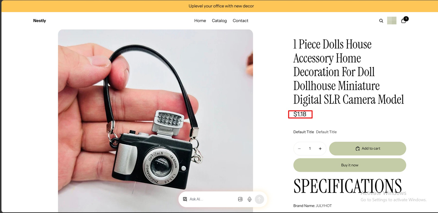 Shopify product page for the dolls house camera model confirming the 1.18 dollar price