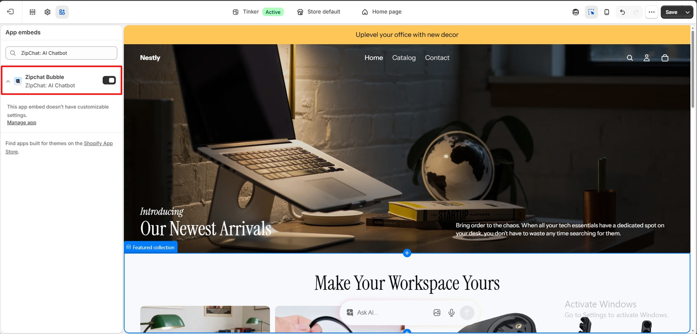 Shopify theme editor showing the Zipchat Bubble app embed enabled with no customizable settings, and the Ask AI bar visible on the storefront preview