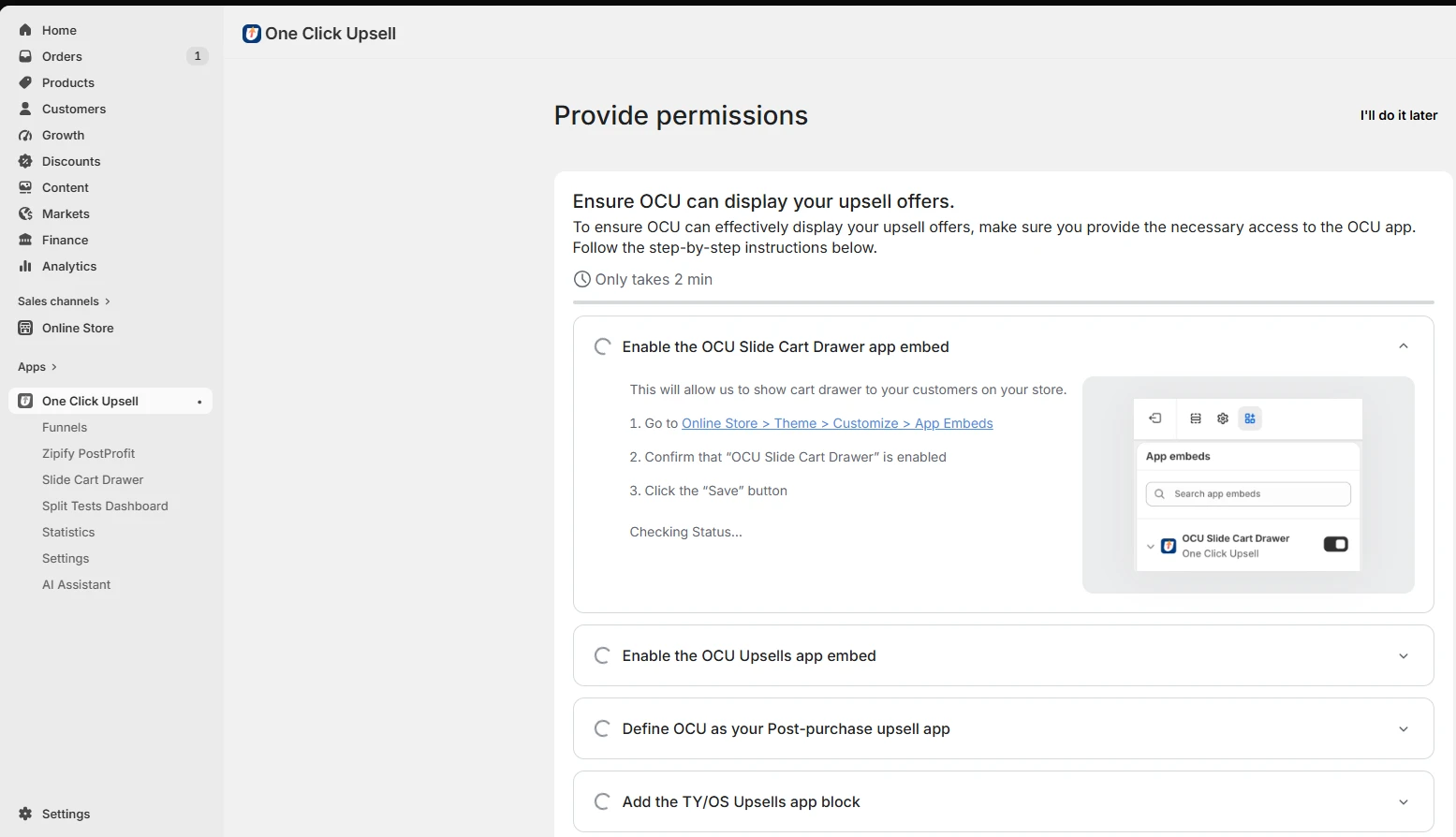 Zipify OneClickUpsell setup checklist showing the Shopify permissions and app embeds required before launch