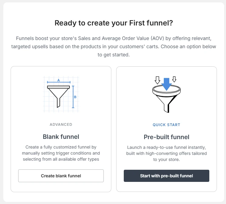 Zipify OneClickUpsell first-funnel screen with Advanced and Quick Start setup choices