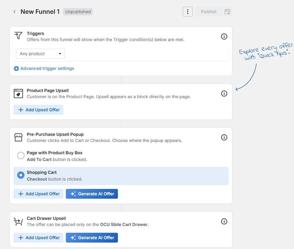 Zipify OneClickUpsell funnel builder showing product-page, pre-purchase, and cart-drawer offer positions