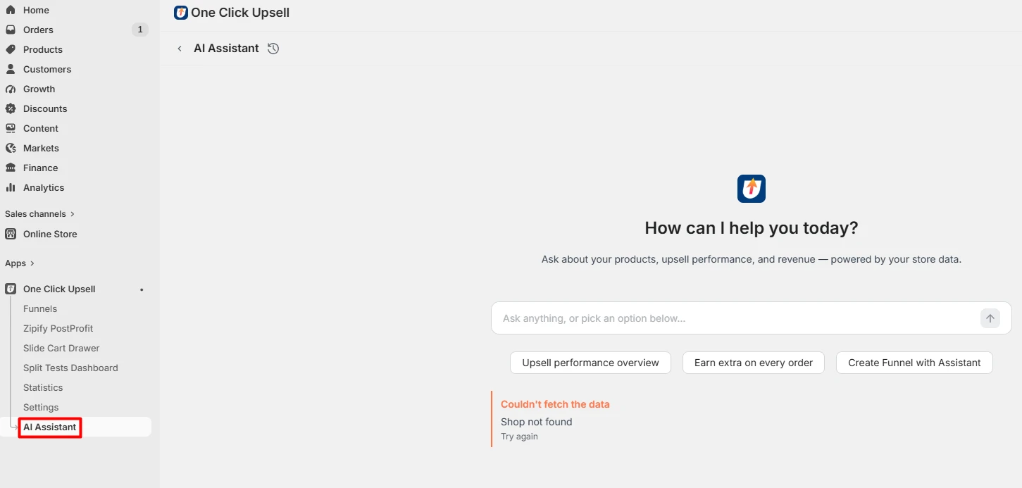 Zipify OneClickUpsell AI Assistant showing the Shop not found error seen in our test store