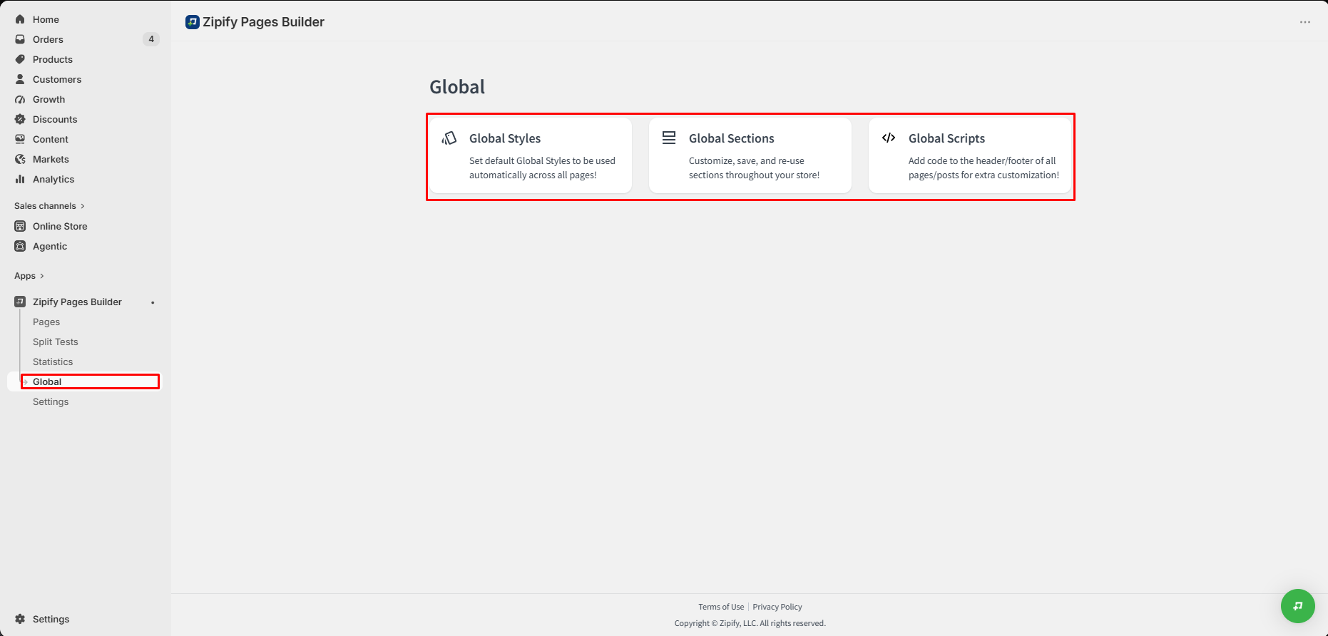 Zipify Pages Global area showing Global Styles, Global Sections and Global Scripts
