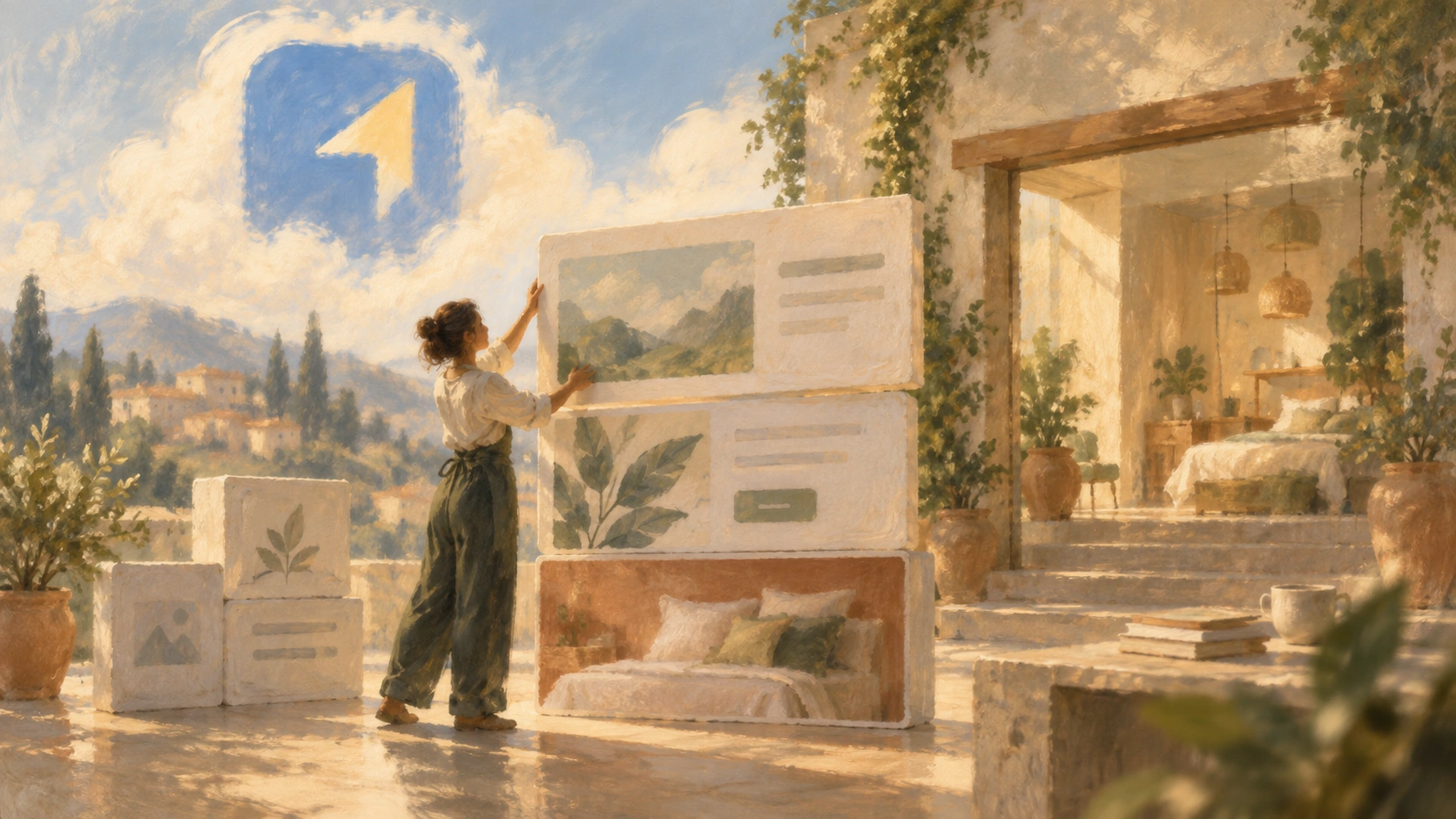 Blurred editorial oil painting of a merchant assembling modular storefront panels beneath a soft blue sky emblem